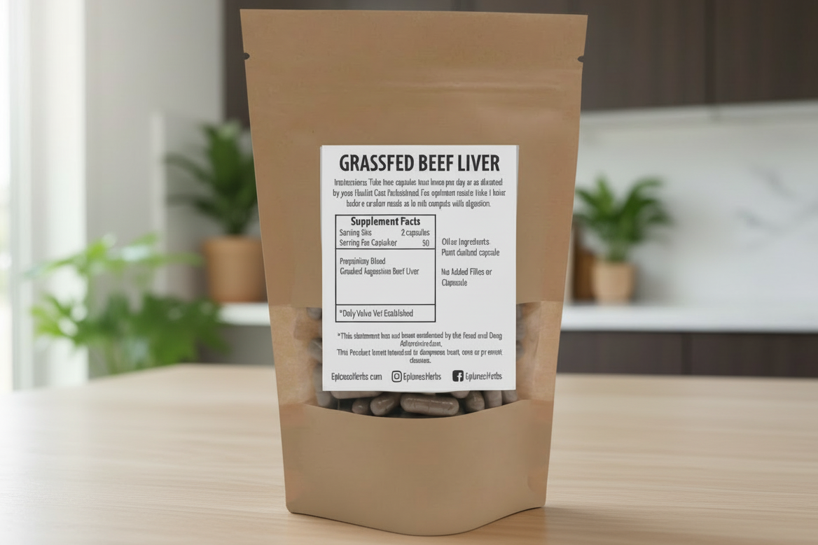 Kraft paper packaging with a label for grassfed beef liver supplement on a wooden surface with a blurred green background.